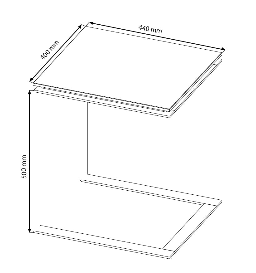 Technische Zeichnung des ALTO Beistelltischs mit Maßen 440x400x500 mm, modernes C-Design für vielseitige Einsatzmöglichkeiten.