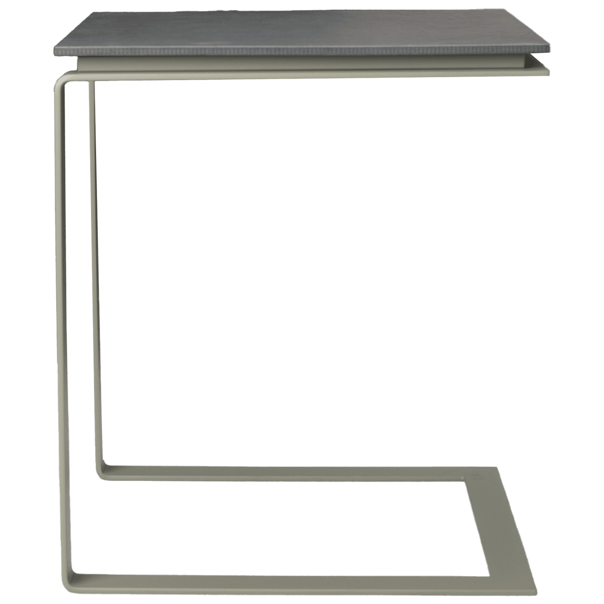 Seitliche Ansicht des ALTO Beistelltischs mit dunkler Platte, modernes C-Design aus pulverbeschichtetem Edelstahl.