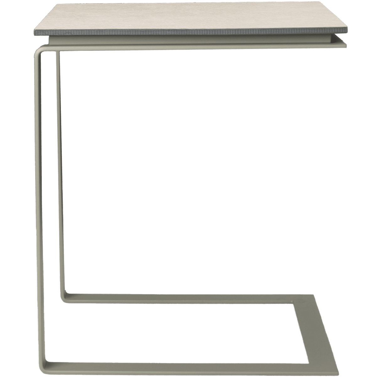 Seitliche Ansicht des ALTO Beistelltischs aus pulverbeschichtetem Edelstahl, modernes Design mit klaren Linien für Innen- und Außenbereiche.