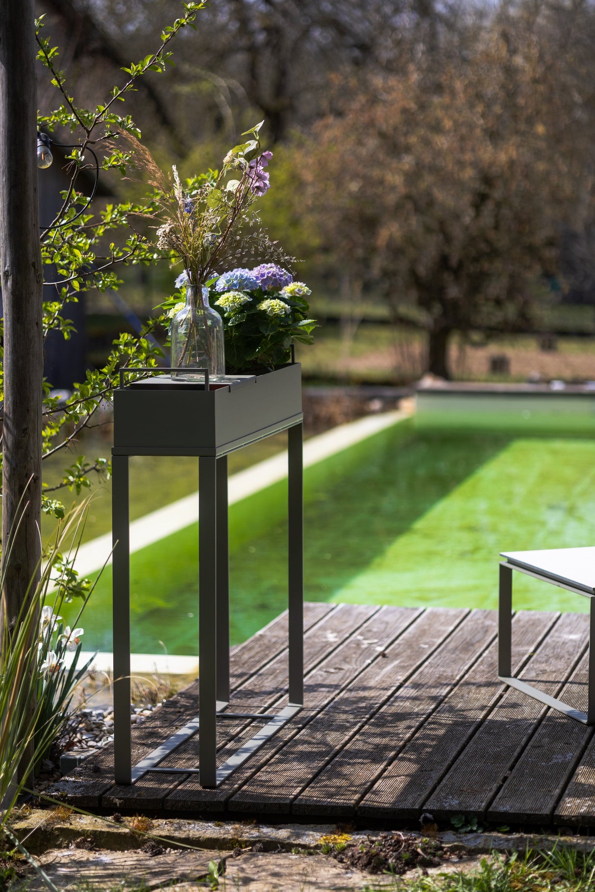 CUBO - Pflanzbehälter auf einem Gestell am Poolrand, ideal als eleganter Pflanzkasten für den Außenbereich.