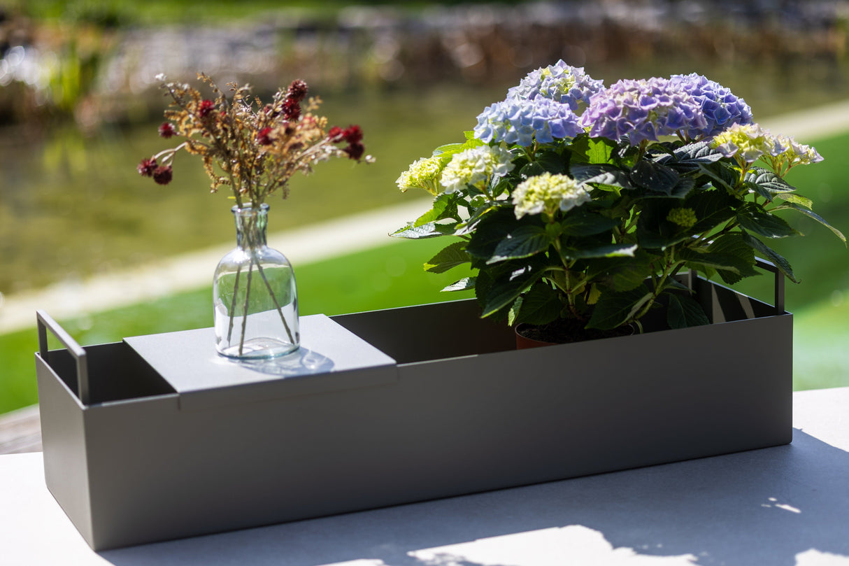 CUBO - Pflanzbehälter mit abnehmbarer Abdeckung, bepflanzt mit Hortensien und dekoriert mit Trockenblumen, geeignet für Garten oder Terrasse.