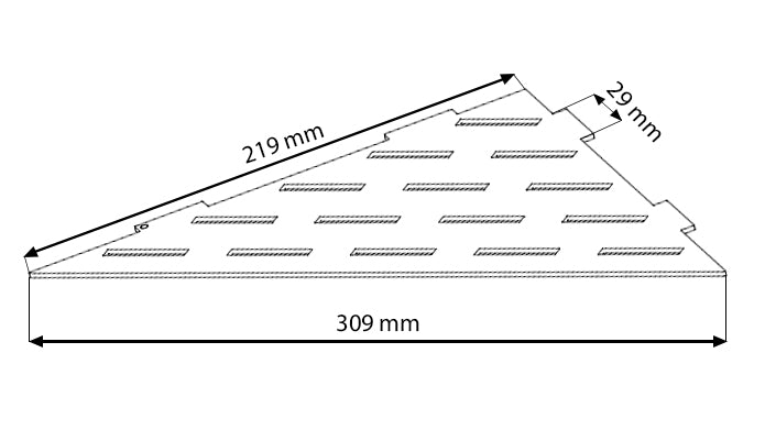 ARTISTA - Technische Zeichnung des Eckduschregals mit Maßen 309 x 219 mm, zeigt Lochmuster für Wasserablauf.