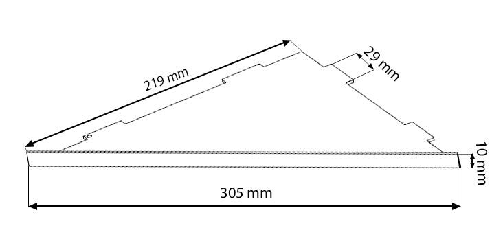 ARTISTA - Maßzeichnung des Eckduschregals mit 305 mm Breite und 10 mm Stärke, ideal für Duschmontage.