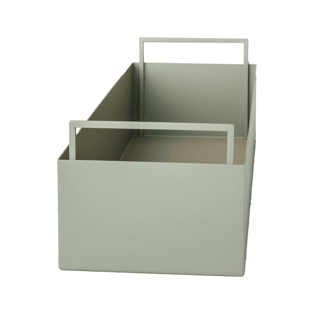 Kompakter CUBO - Pflanzbehälter aus pulverbeschichtetem Edelstahl mit seitlichen Griffen, geeignet für kleine Pflanzenarrangements.