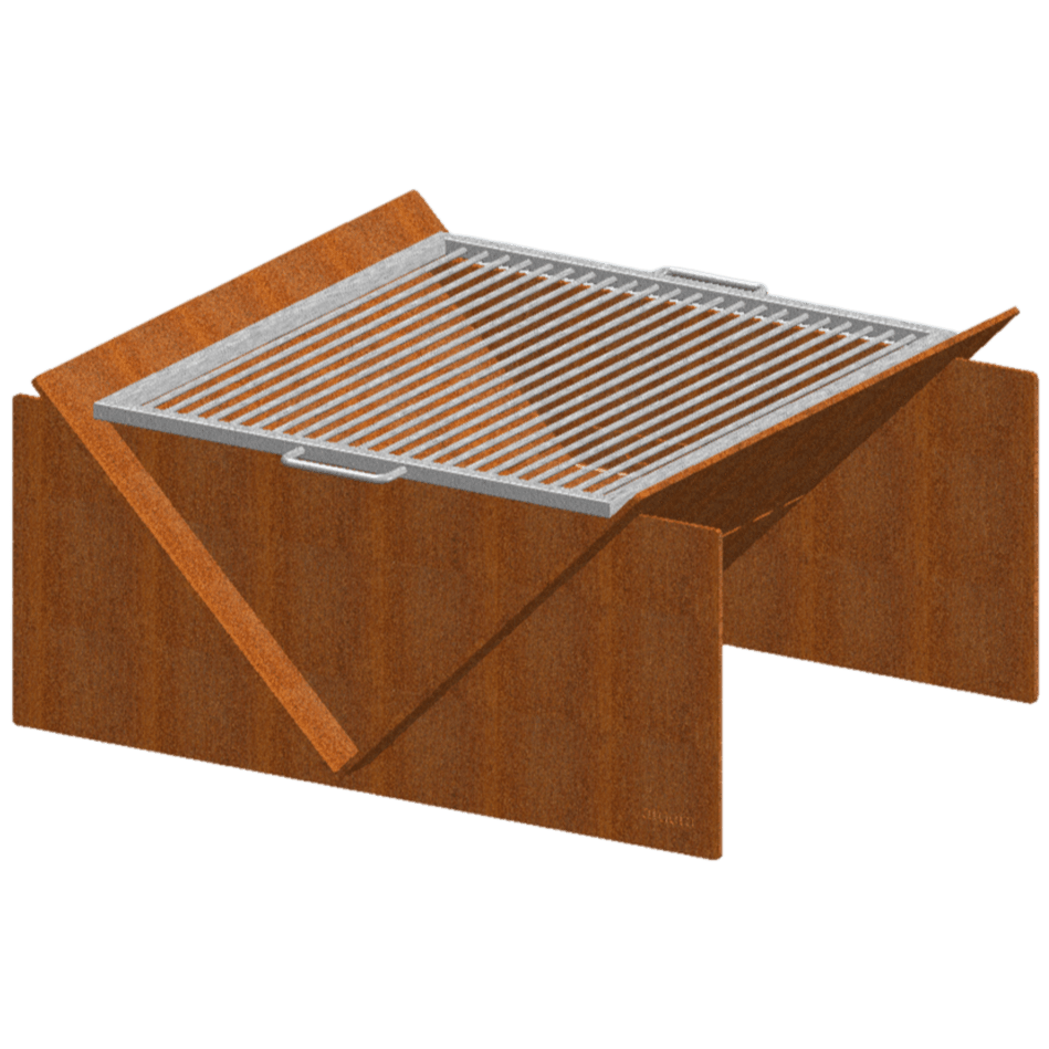 FOGATA - Feuerstelle mit Grillrost in rostbrauner Optik. Kombiniert Feuerstelle und Grillfunktion für Outdoor-Kocherlebnisse.