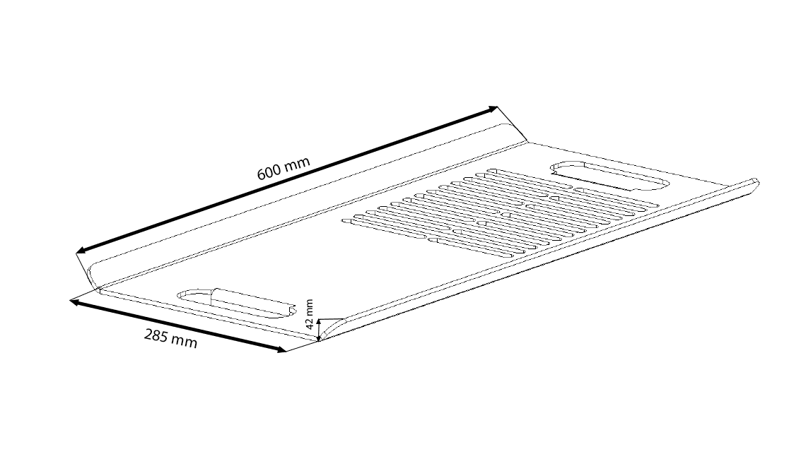 Technische Zeichnung des Grillrosts der FOGATA - Feuerstelle mit Maßen. Edelstahlplatte mit Griffen und Belüftungsschlitzen.