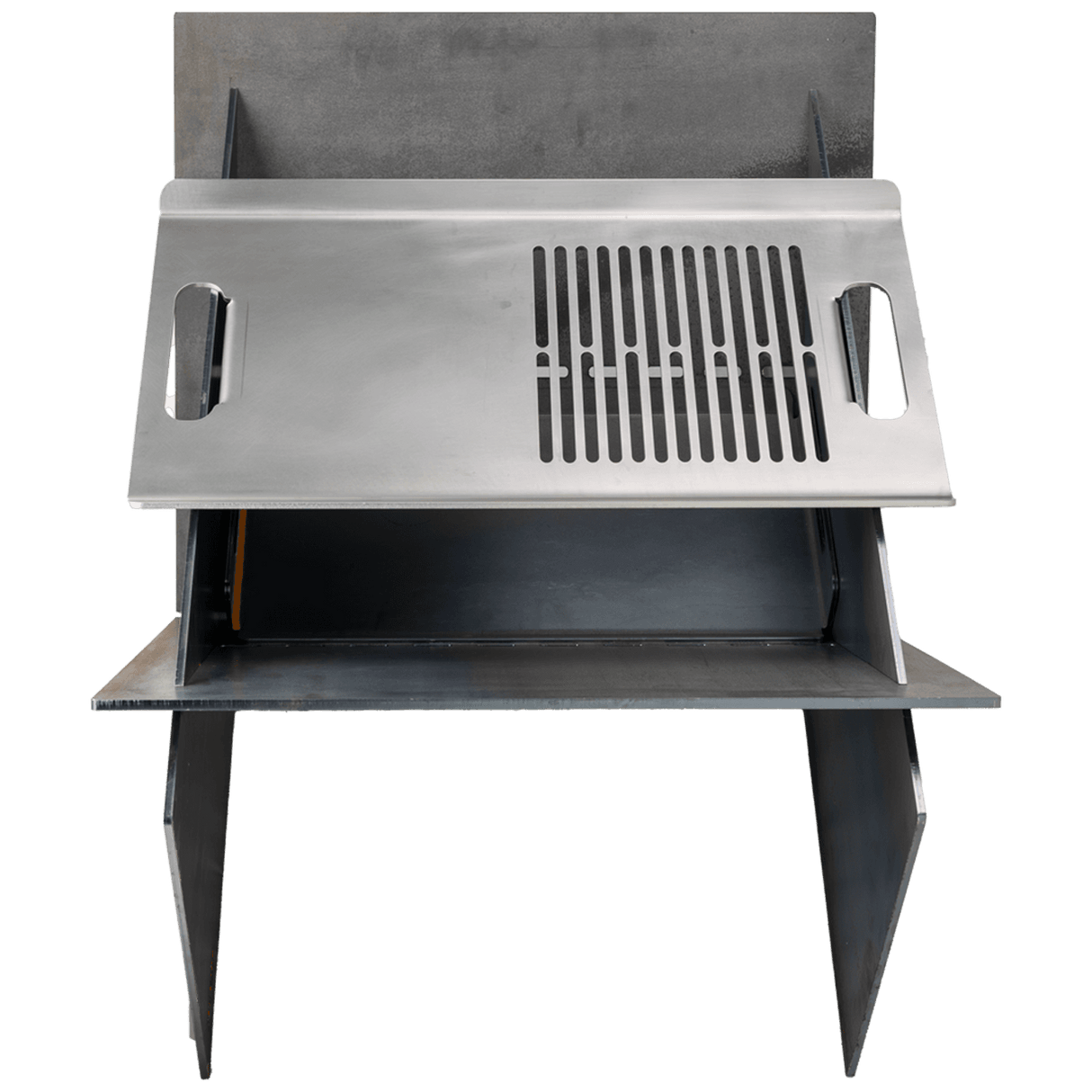 FOGATA - Feuerstelle mit integriertem Edelstahl-Grillrost und praktischen Griffen. Perfekt zum Grillen und Wärmen im Garten.