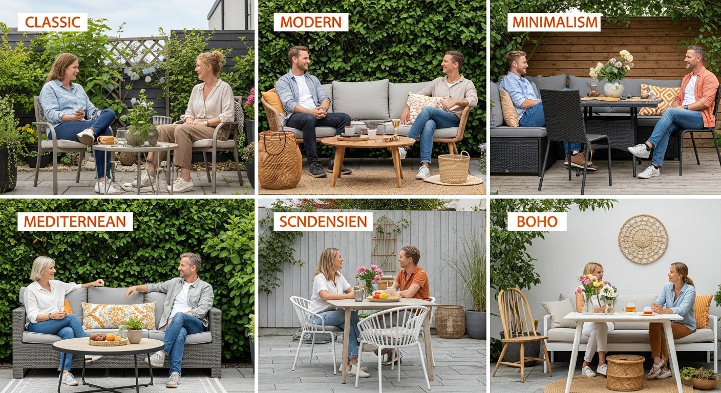 gartenmöbel stilrichtungen, moderner garten, menschen