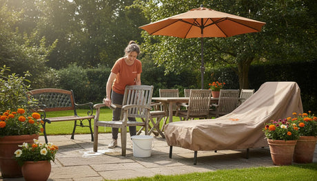 Gepflegte Gartenmöbel werden im Außenbereich gereinigt