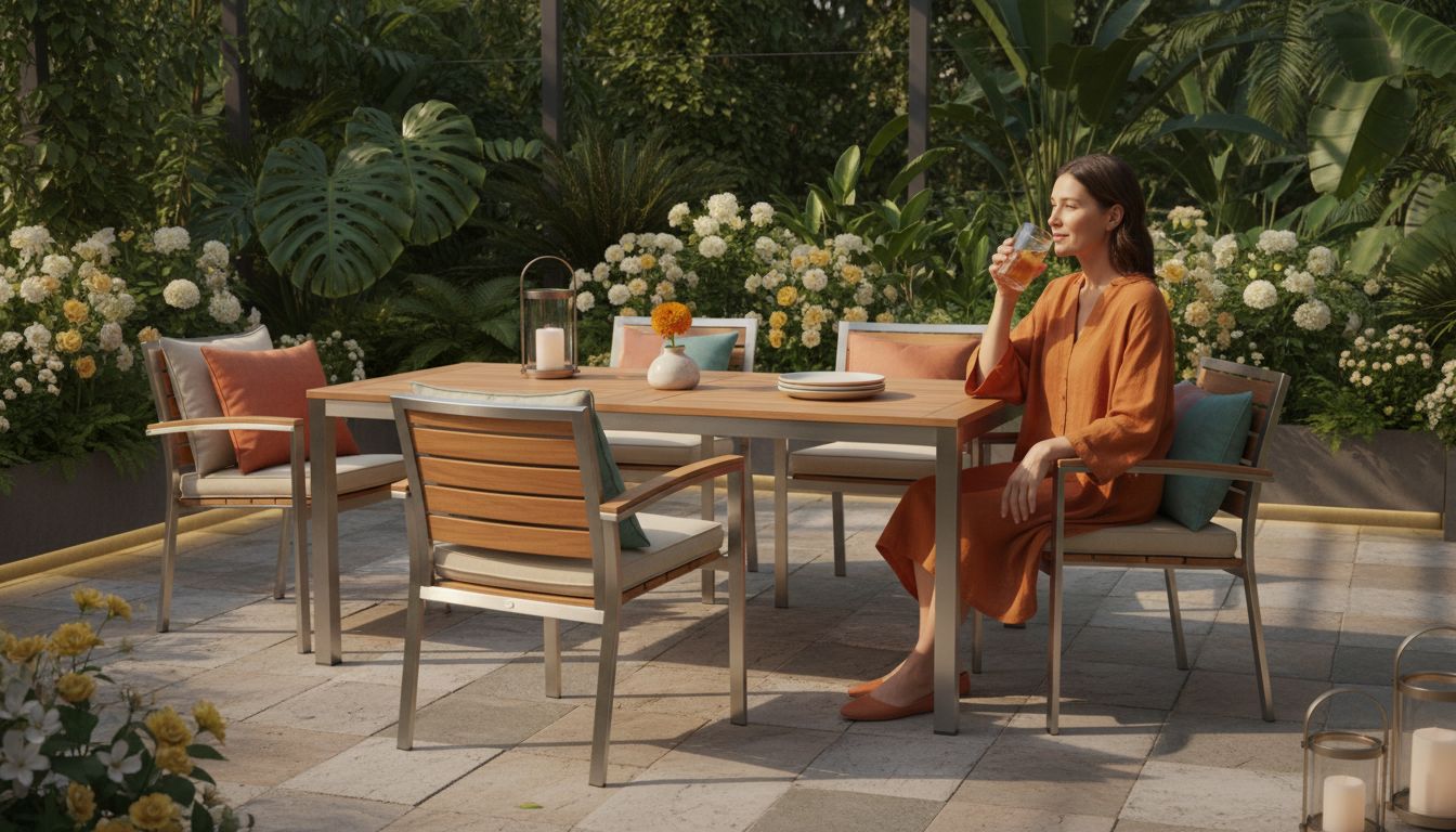 Moderne Outdoor-Möbel auf sonniger Terrasse