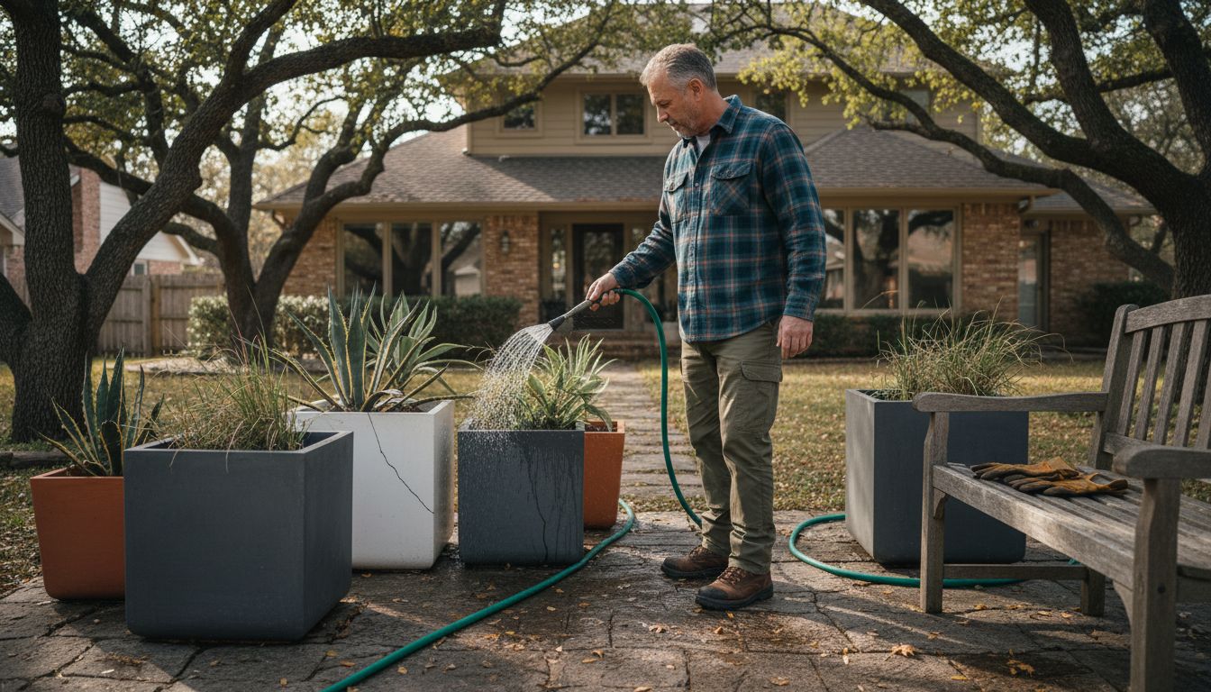 Gardener watering large plant pots on patio