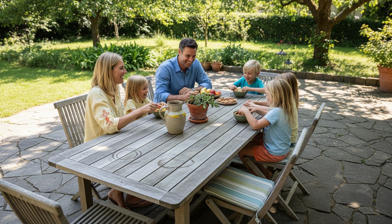 Family using terrassentisch on sunny patio