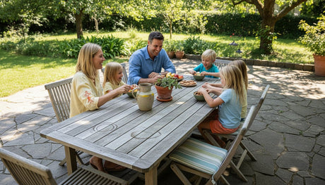 Family using terrassentisch on sunny patio