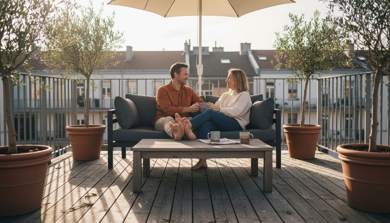 Paar auf moderner Terrasse mit Outdoor-Möbeln
