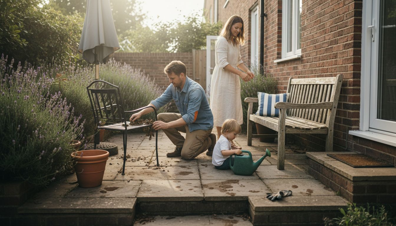 Family arranges garden furniture on terrace