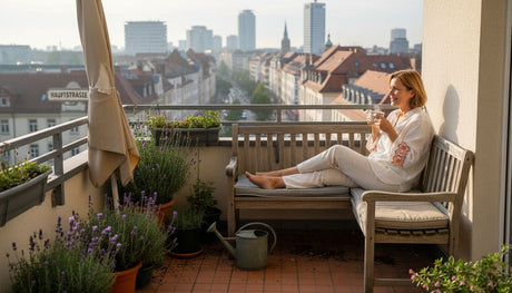 Eine Frau genießt die Sonne auf ihrem Balkon, umgeben von stilvollen Gartenmöbeln.