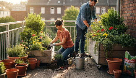 Ein Paar gestaltet seinen Balkon in der Stadt mit verschiedenen Pflanzgefäßen neu und bringt dadurch mehr Grün ins urbane Zuhause.