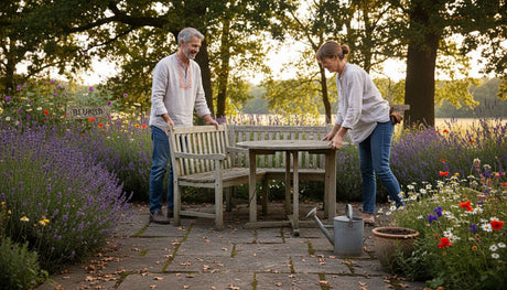 Ein Paar richtet gemeinsam nachhaltige Gartenmöbel aus Holz im eigenen Garten her.