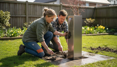 Ein Paar bringt ein elegantes Edelstahlelement im Garten an.