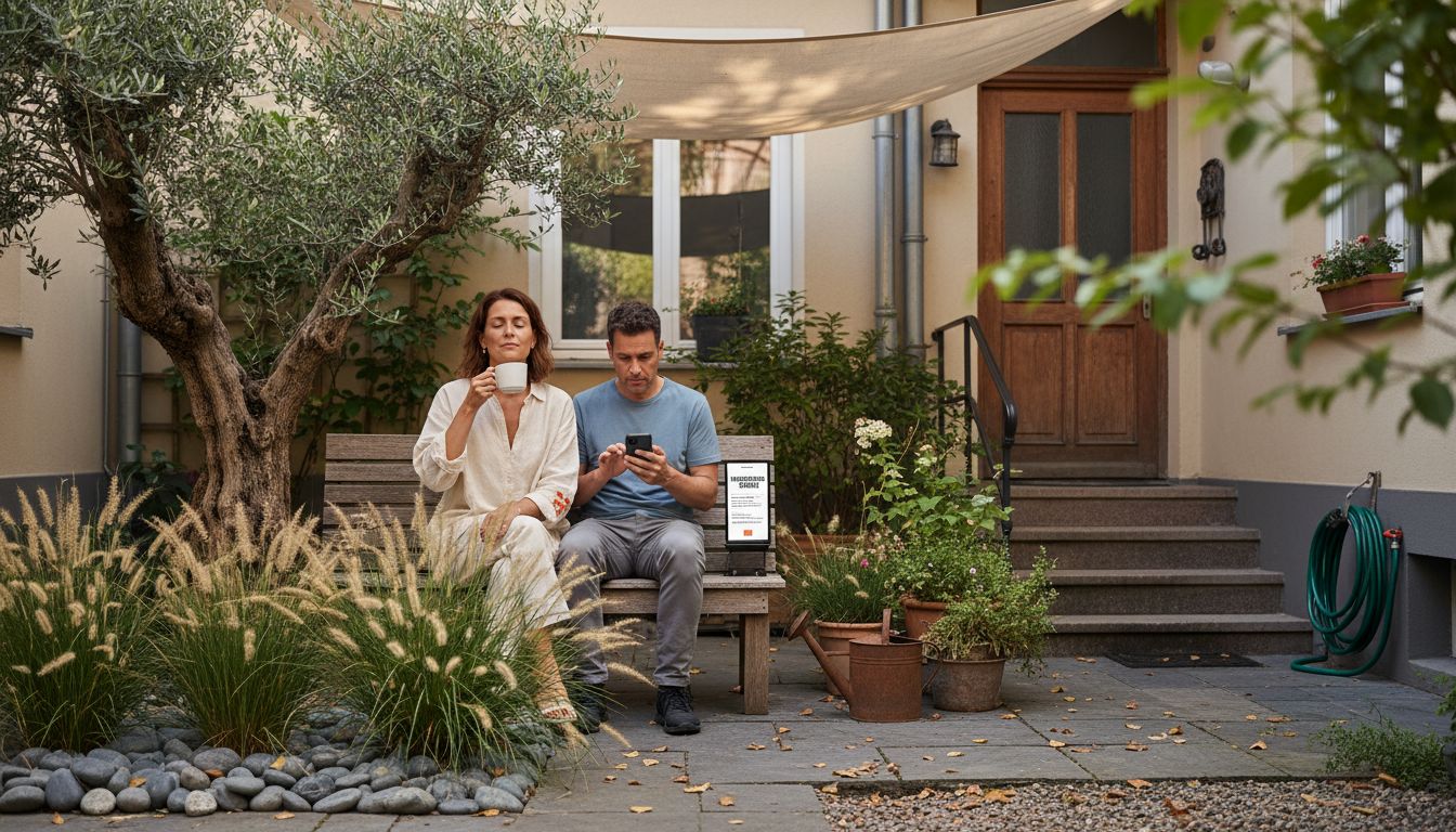 Ein Paar genießt die entspannte Atmosphäre in einem modern gestalteten Innenhofgarten.