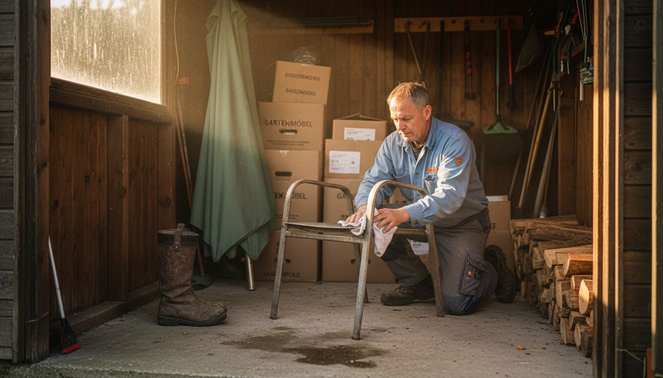 Ein Hausbesitzer reinigt im Gartenschuppen seinen Terrassenstuhl.