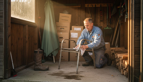 Ein Hausbesitzer reinigt im Gartenschuppen seinen Terrassenstuhl.