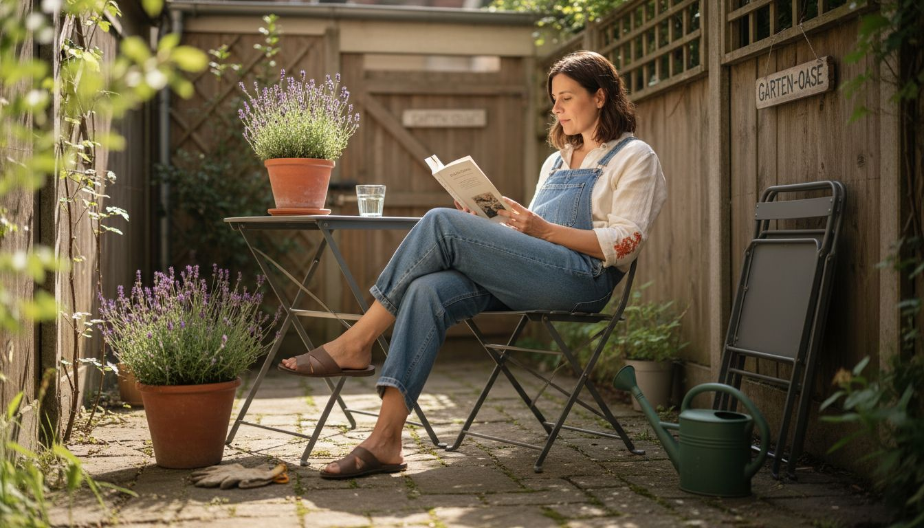 Ein zusammenklappbarer Stuhl und ein kleiner Tisch laden inmitten eines gemütlichen Gartens zum Verweilen ein.