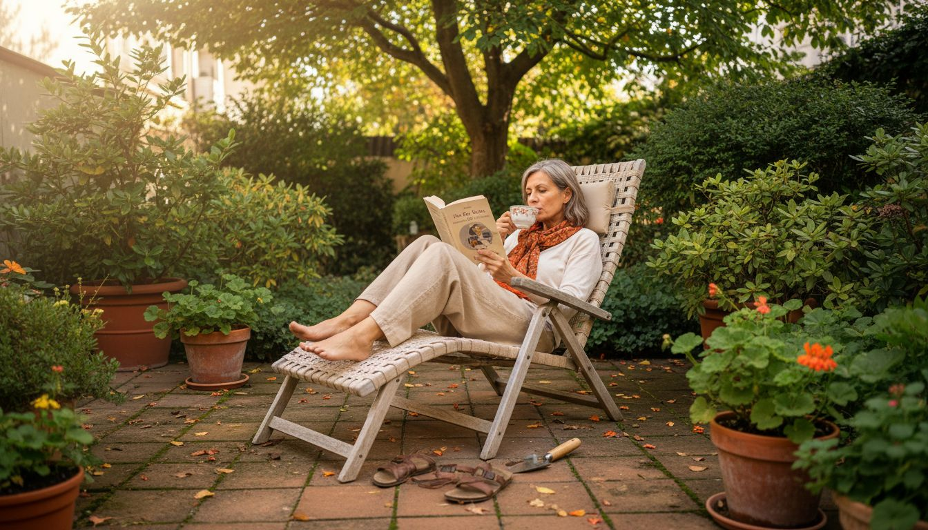 Im Garten genießt eine Frau den Komfort eines ergonomischen Stuhls.