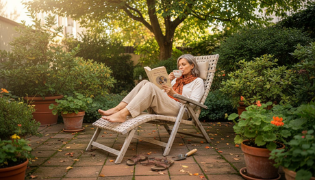 Im Garten genießt eine Frau den Komfort eines ergonomischen Stuhls.