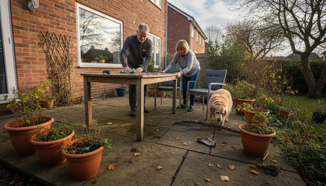 Ein Paar richtet gemeinsam die Gartenmöbel auf der Terrasse her.