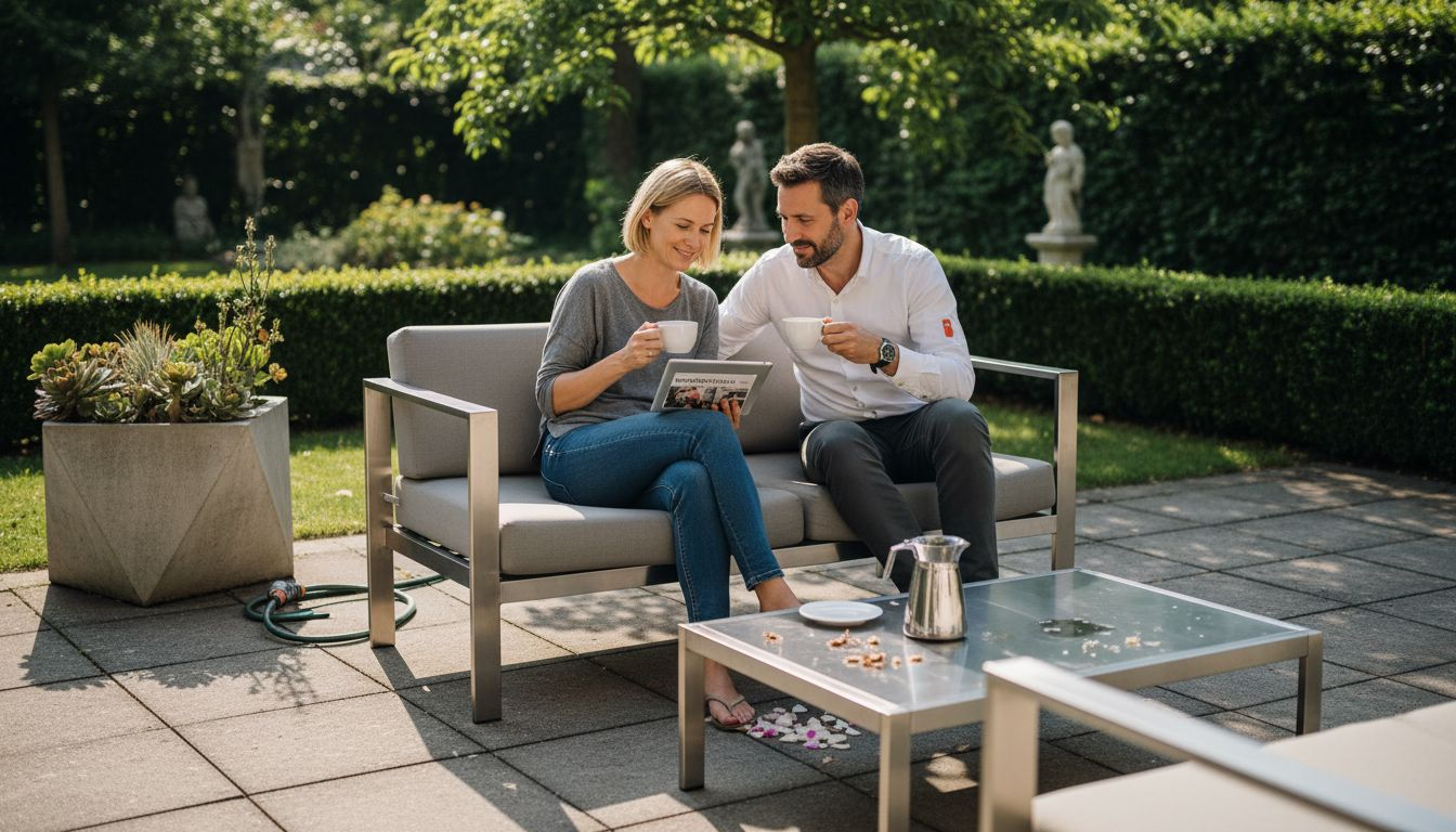 Ein modernes Terrassenambiente, in dem ein Paar die stilvolle Außengestaltung genießt.