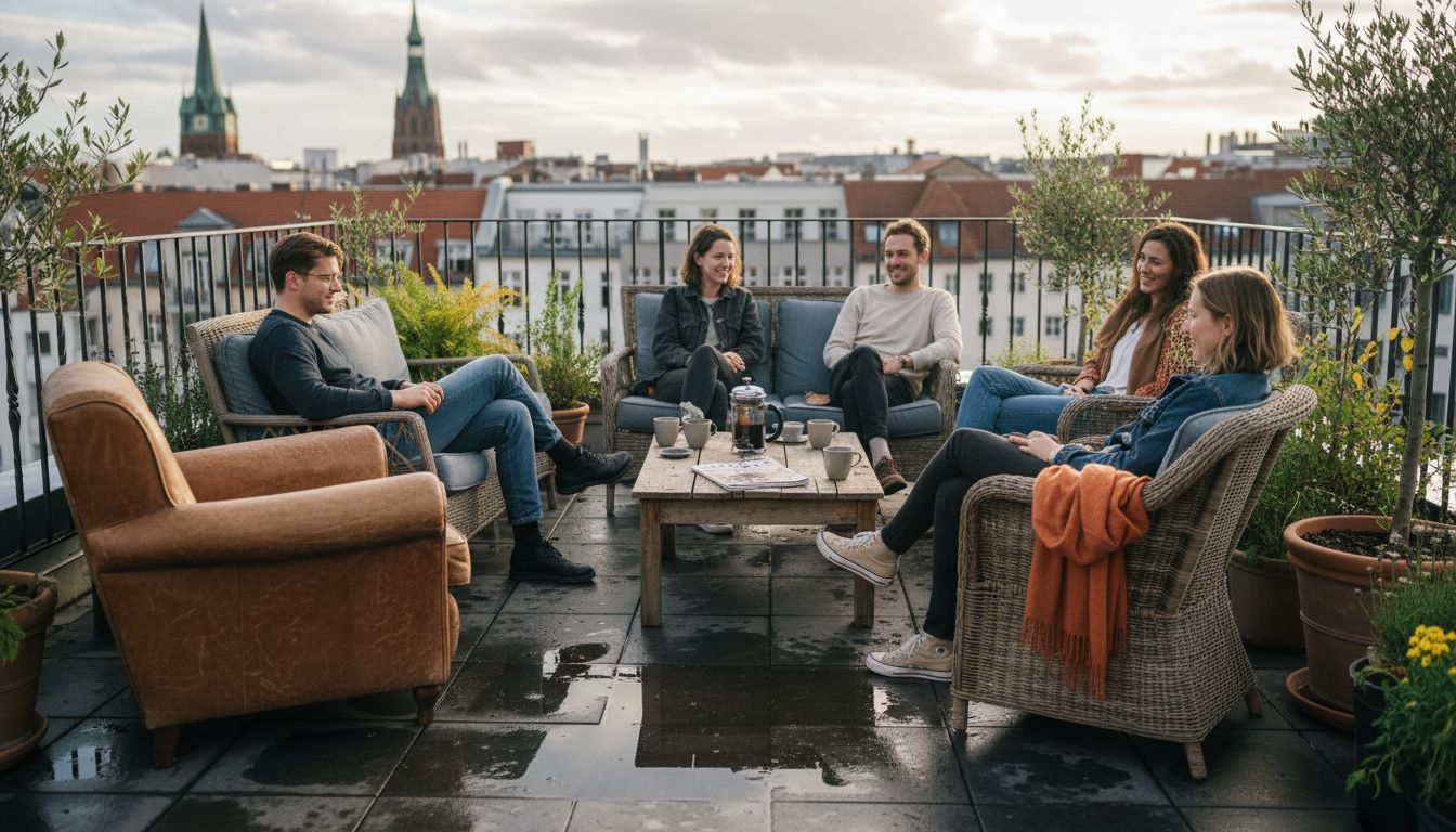 Moderne Loungemöbel auf einer stilvollen Dachterrasse mitten in der Stadt