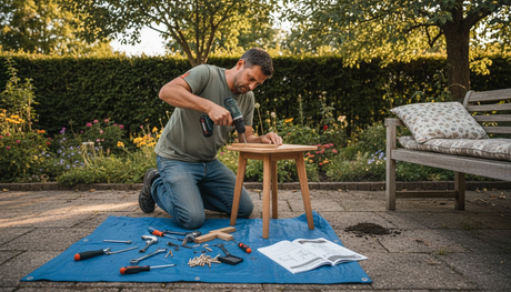 Ein Mann baut im Garten einen Beistelltisch zusammen.