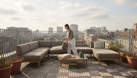 Eine Frau stellt auf ihrer Dachterrasse flexible Outdoormöbel neu zusammen.