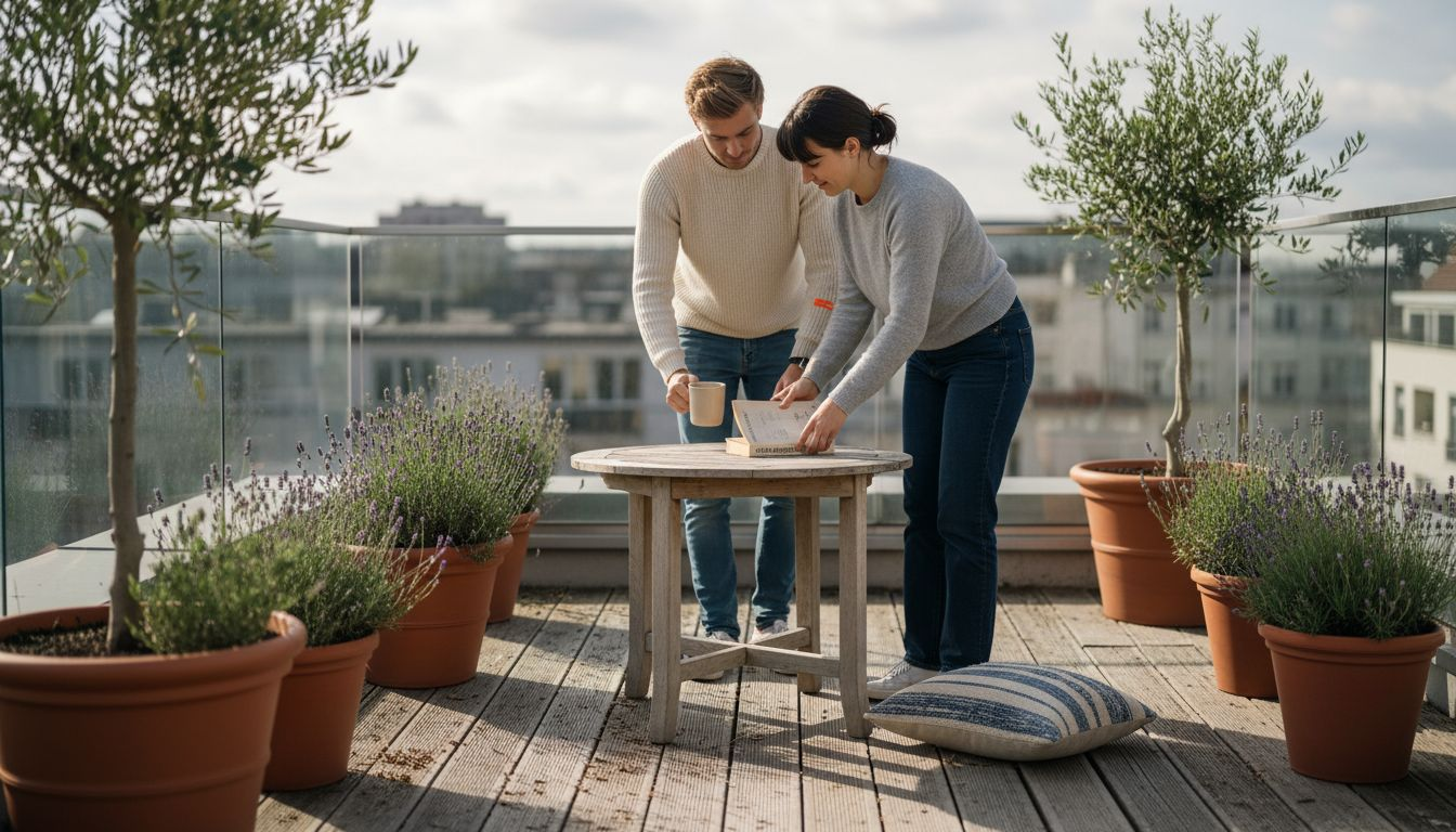 Ein Paar richtet auf der Terrasse einen kleinen Beistelltisch im Freien her.