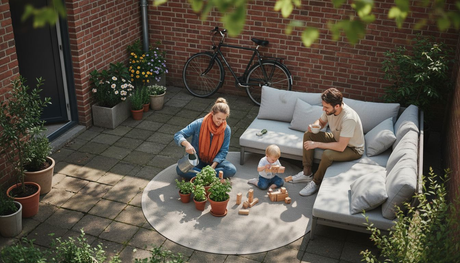 Eine Familie genießt gemeinsam entspannte Stunden auf modernen Gartenmöbeln auf der Terrasse.