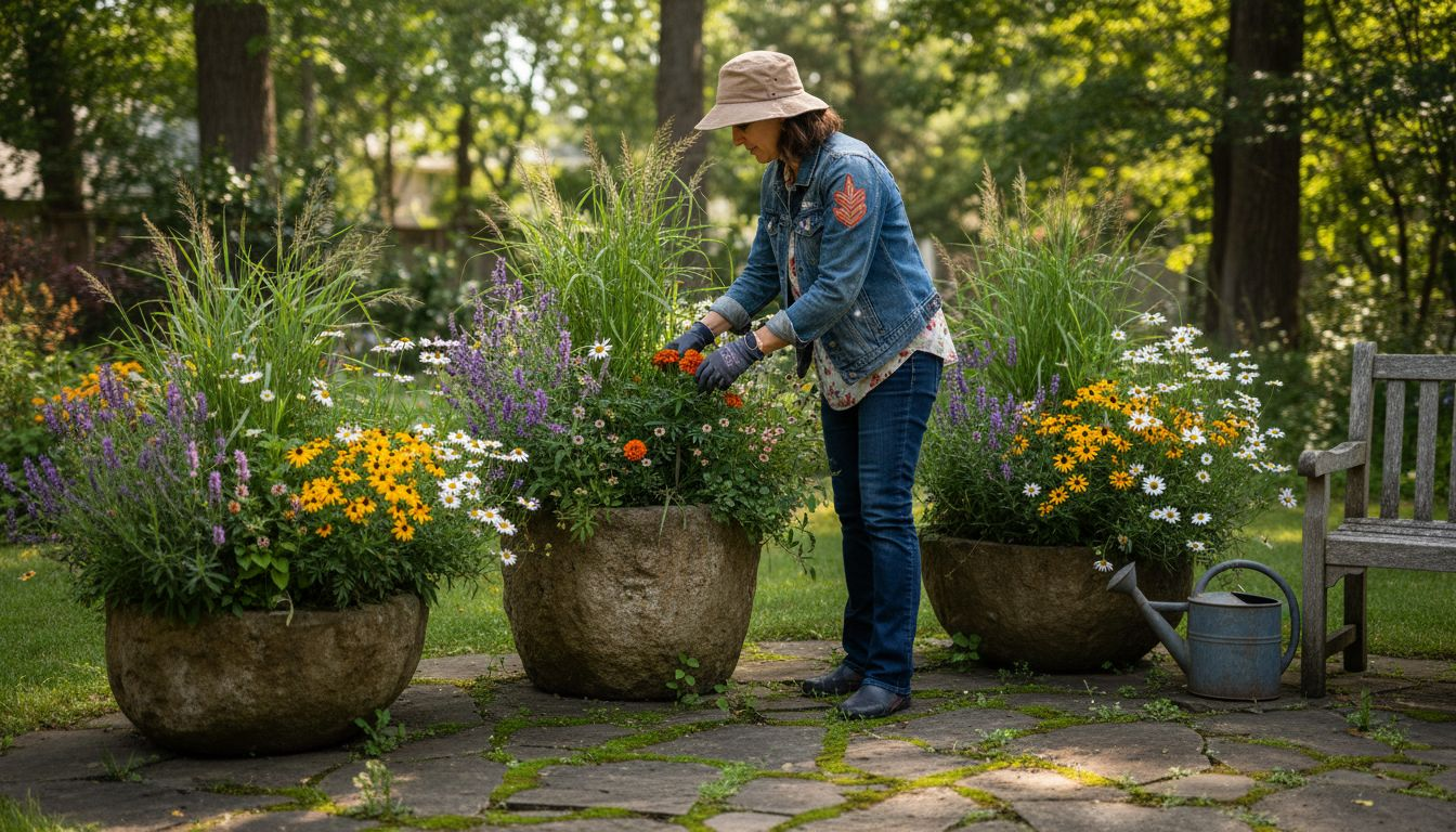 Eine Frau richtet liebevoll ihre Pflanzen in stilvollen, modernen Pflanzgefäßen auf der Terrasse aus.
