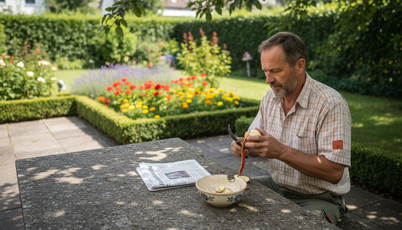 Ein Mann genießt die Ruhe im Garten und sitzt entspannt an einem Steintisch.