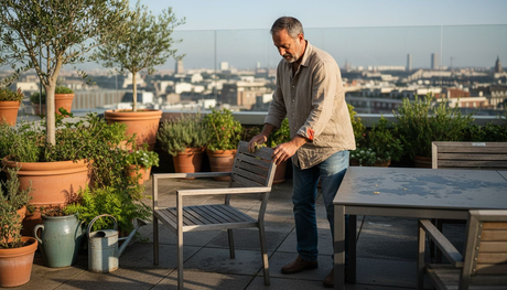 Moderne Gartenmöbel stilvoll auf der Terrasse arrangieren