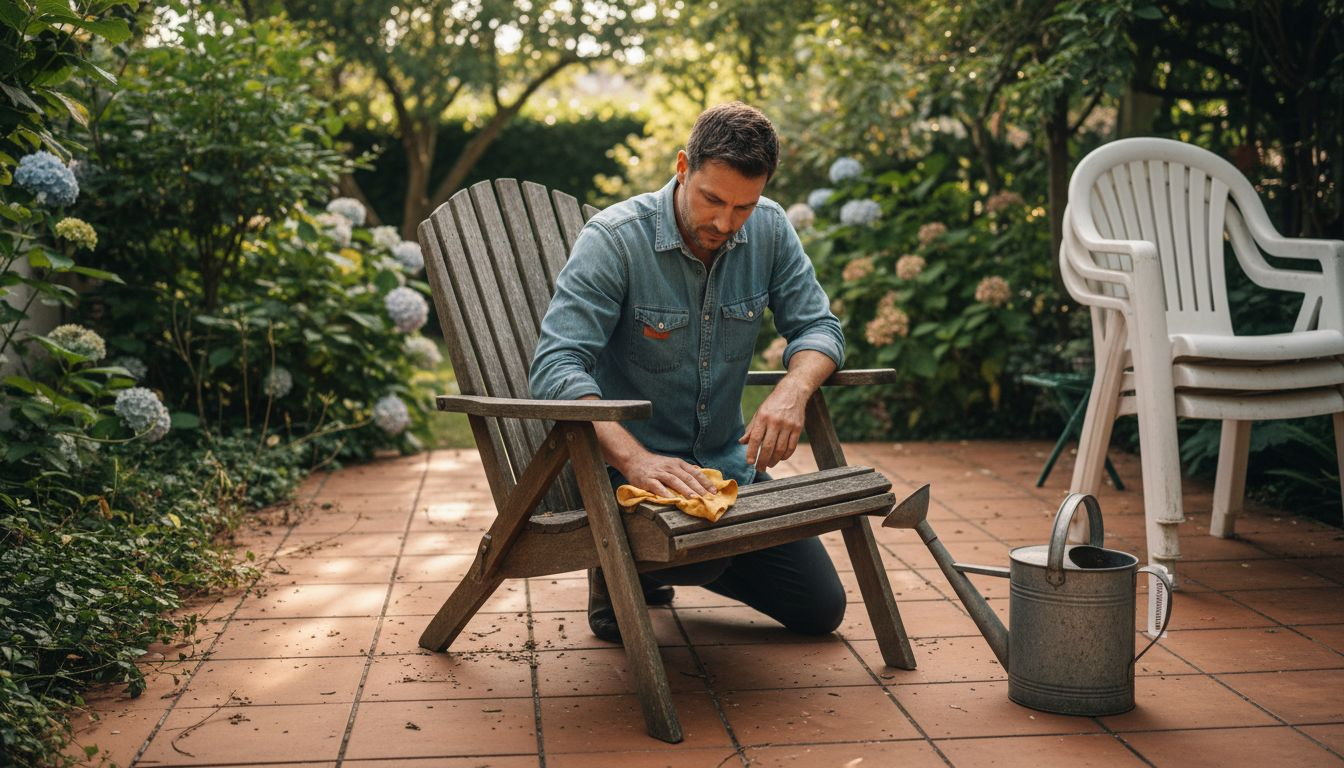 Ein Mann säubert auf der Terrasse einen Gartenstuhl aus Holz.