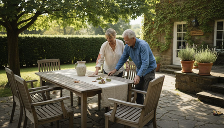 Ein Paar plant gemeinsam individuelle Gartenmöbel aus Holz nach ihren eigenen Vorstellungen.