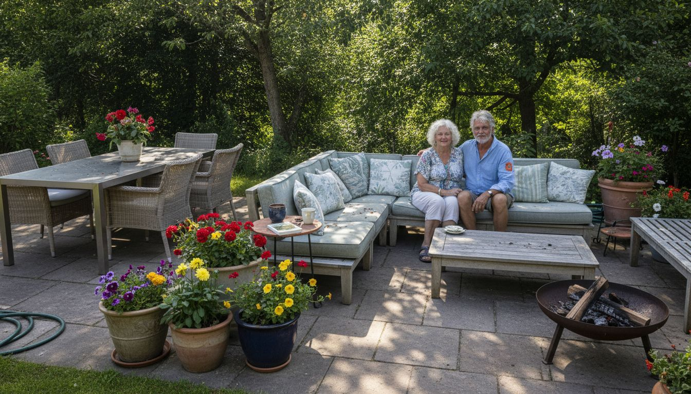 Auf der Terrasse im Garten stehen verschiedene Gartenmöbel, die zum Entspannen und Verweilen einladen.