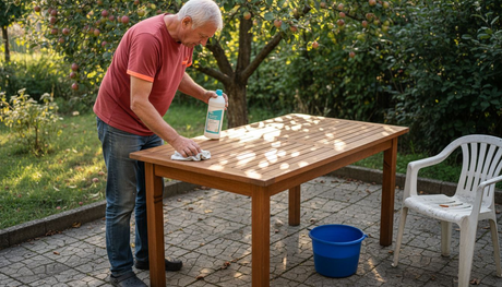 Ein Mann putzt sorgfältig den Gartentisch und prüft, ob alles in Ordnung ist.