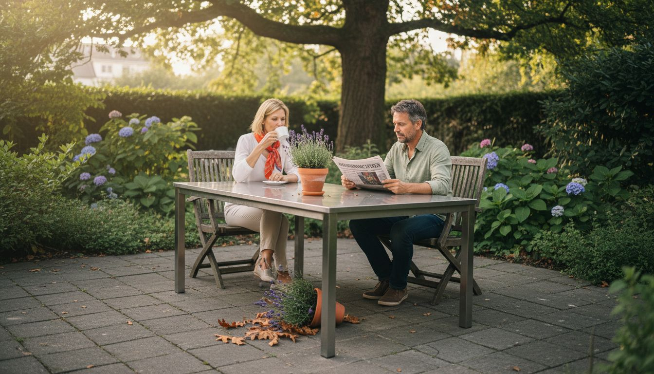 Ein Pärchen genießt gemeinsam eine Tasse Kaffee am Gartentisch aus Metall.