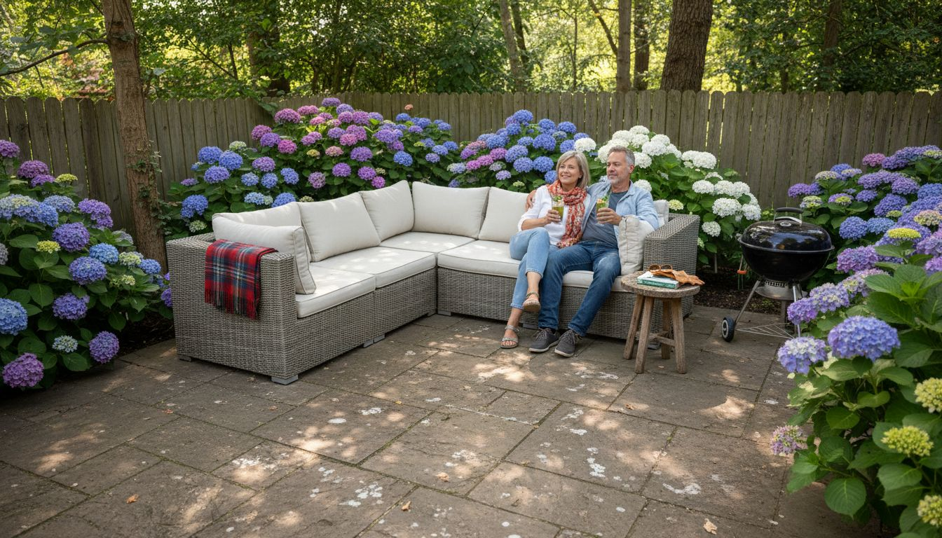 Ein Paar genießt entspannte Stunden auf gemütlichen Gartenmöbeln im Grünen.