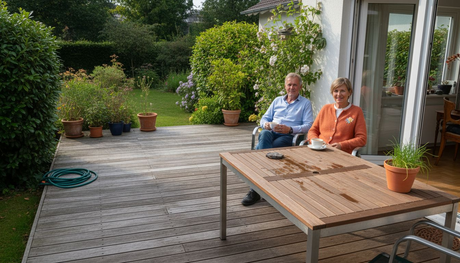 Am Morgen genieße ich meinen Kaffee auf der Terrasse mit den schicken Edelstahlmöbeln.