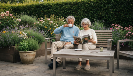 Ein Paar genießt entspannte Stunden auf einer hochwertigen Gartenlounge.