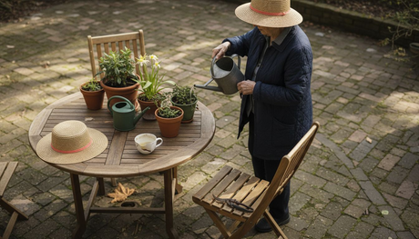 Eine Frau genießt entspannte Stunden auf klassischen Gartenmöbeln im Grünen.