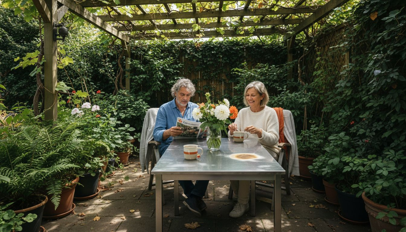 Ein Paar genießt entspannte Stunden am stilvollen Gartentisch auf der Terrasse.