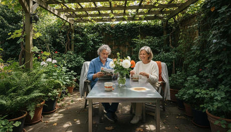 Ein Paar genießt entspannte Stunden am stilvollen Gartentisch auf der Terrasse.